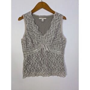 Y2K Fairy Coquette Champagne Lace Sleeveless V-Neck Babydoll Top M Sequins